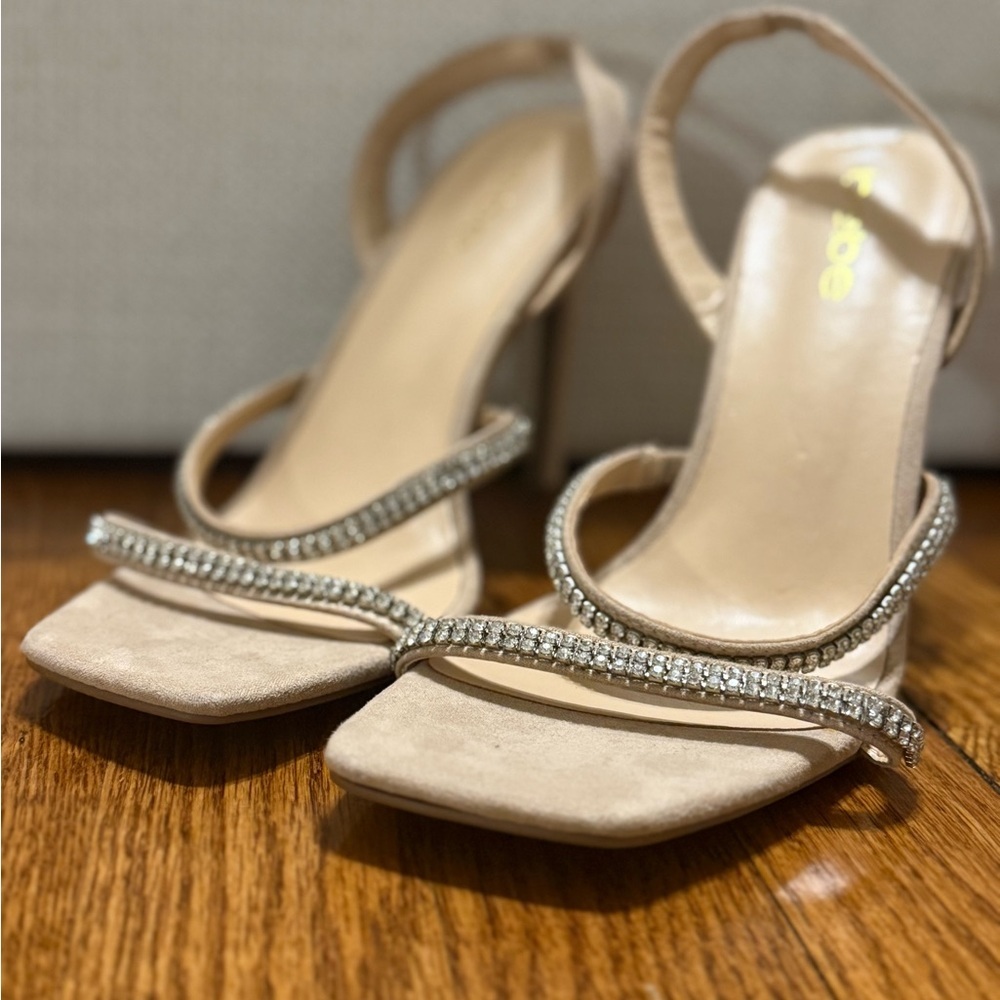 Vintage‎ BEBE Y2K Rhinestone Slingback Heels Nude Square Toe McBling Glam Party